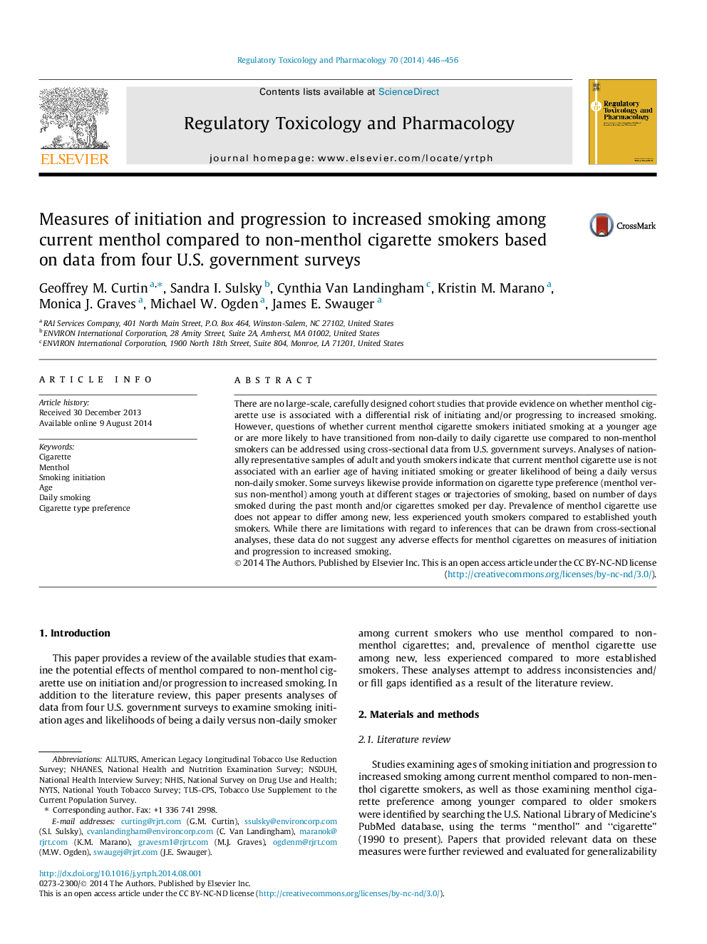 Measures of initiation and progression to increased smoking among current menthol compared to non-menthol cigarette smokers based on data from four U.S. government surveys