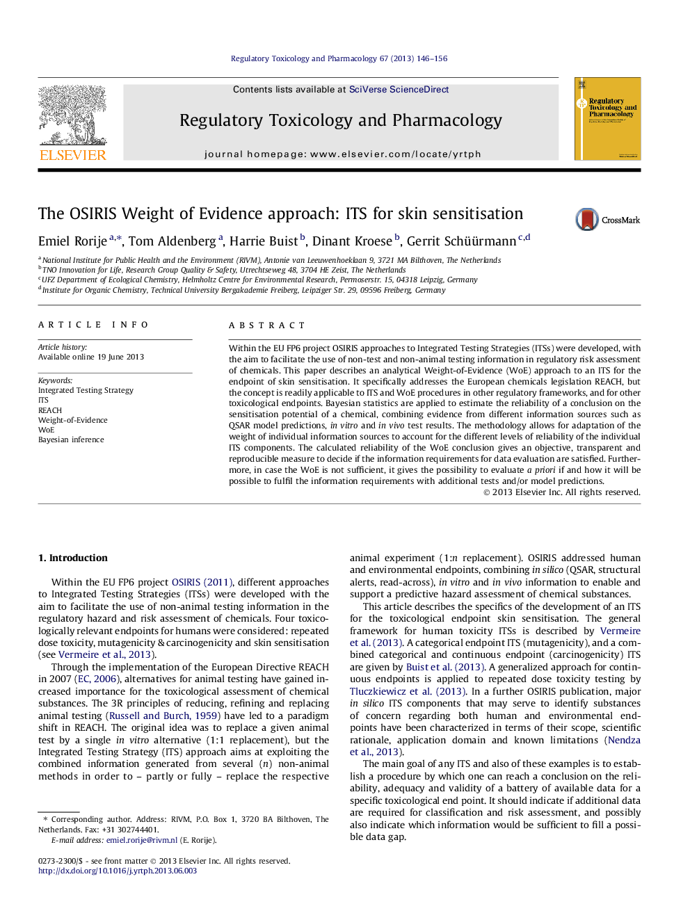 The OSIRIS Weight of Evidence approach: ITS for skin sensitisation