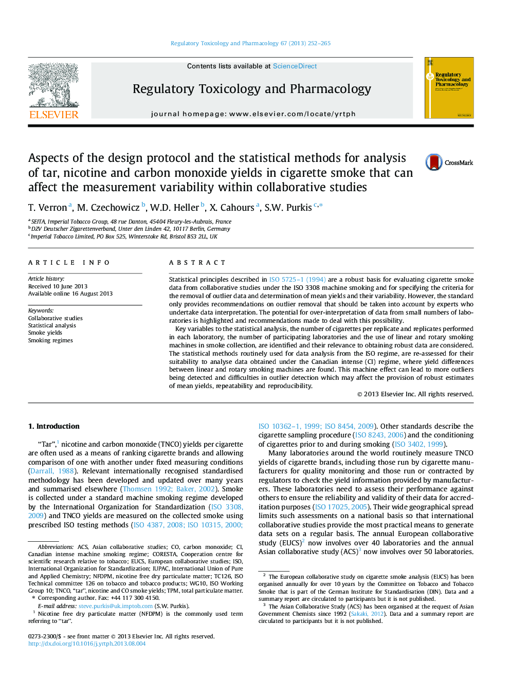 Aspects of the design protocol and the statistical methods for analysis of tar, nicotine and carbon monoxide yields in cigarette smoke that can affect the measurement variability within collaborative studies