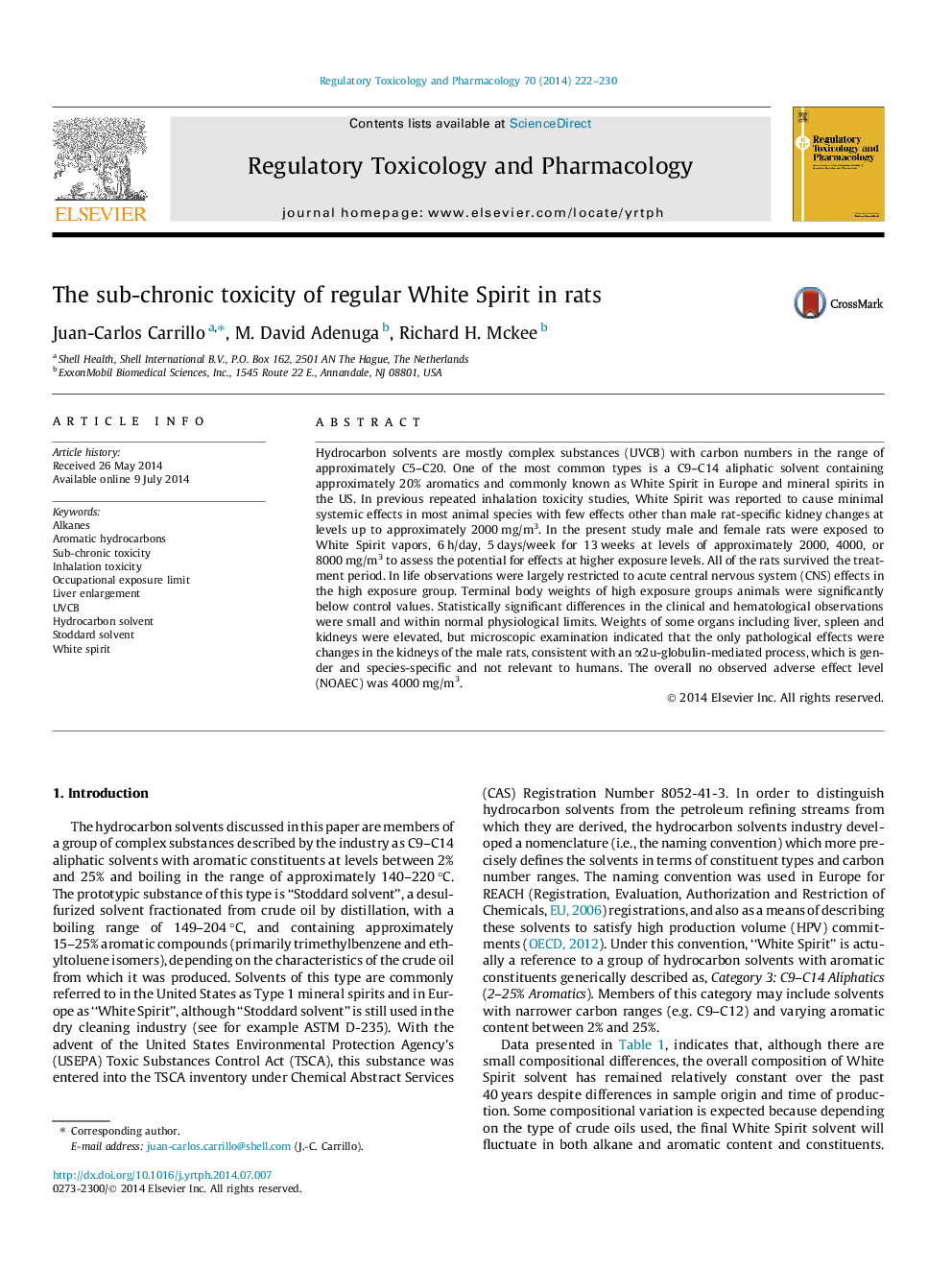 The sub-chronic toxicity of regular White Spirit in rats