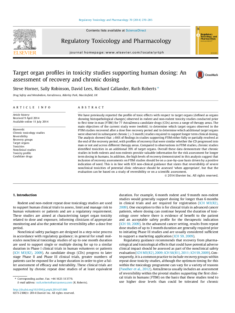 Target organ profiles in toxicity studies supporting human dosing: An assessment of recovery and chronic dosing