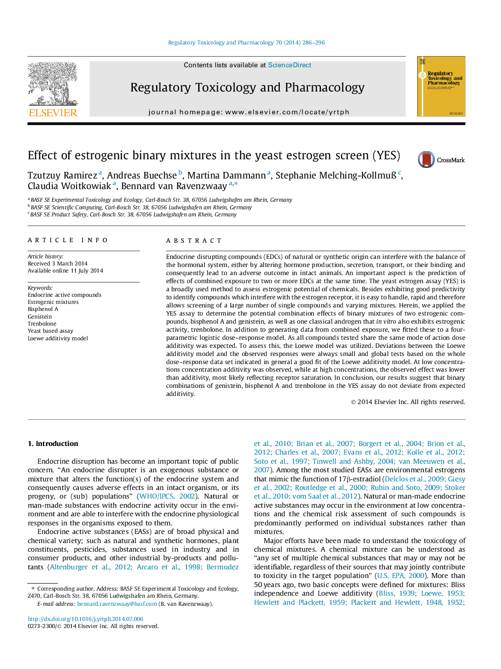 Effect of estrogenic binary mixtures in the yeast estrogen screen (YES)