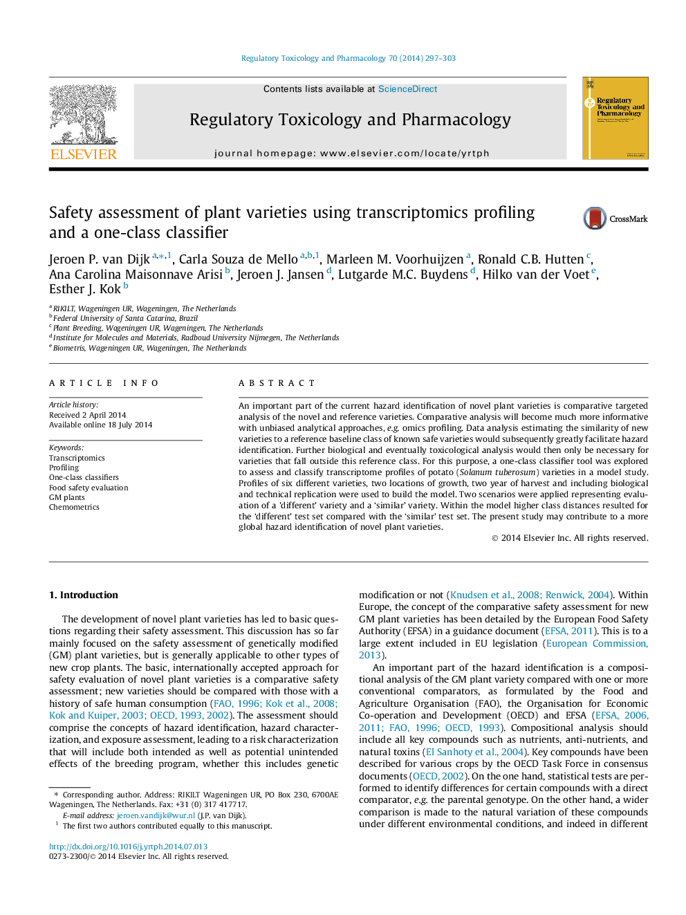 Safety assessment of plant varieties using transcriptomics profiling and a one-class classifier