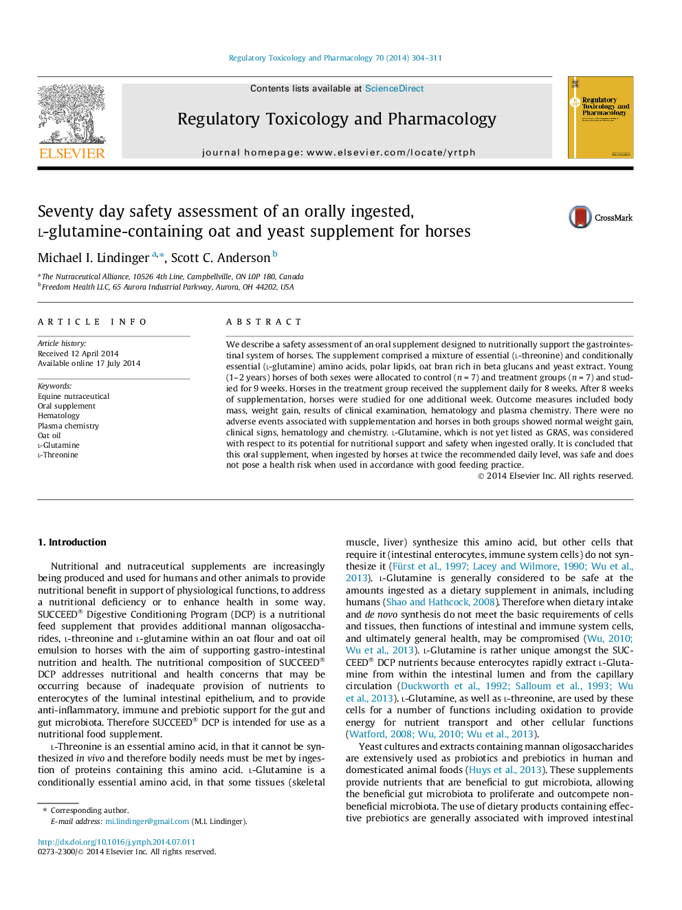 Seventy day safety assessment of an orally ingested, l-glutamine-containing oat and yeast supplement for horses