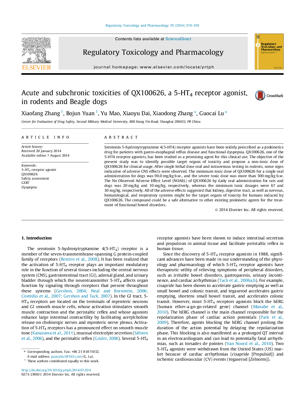 Acute and subchronic toxicities of QX100626, a 5-HT4 receptor agonist, in rodents and Beagle dogs