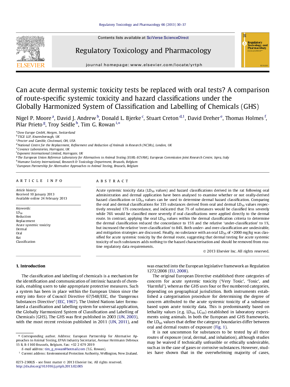 Can acute dermal systemic toxicity tests be replaced with oral tests? A comparison of route-specific systemic toxicity and hazard classifications under the Globally Harmonized System of Classification and Labelling of Chemicals (GHS)