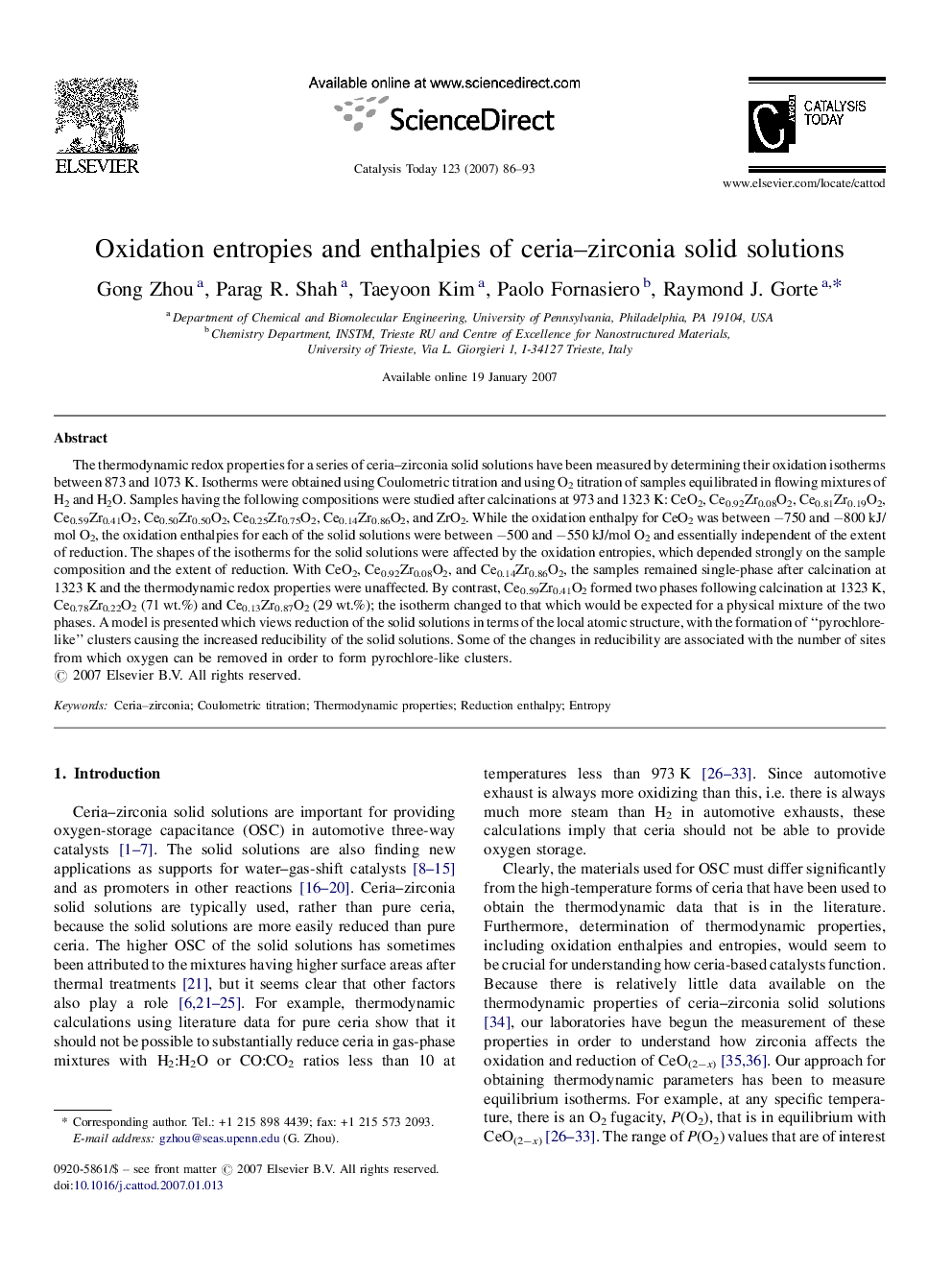 Oxidation entropies and enthalpies of ceria–zirconia solid solutions