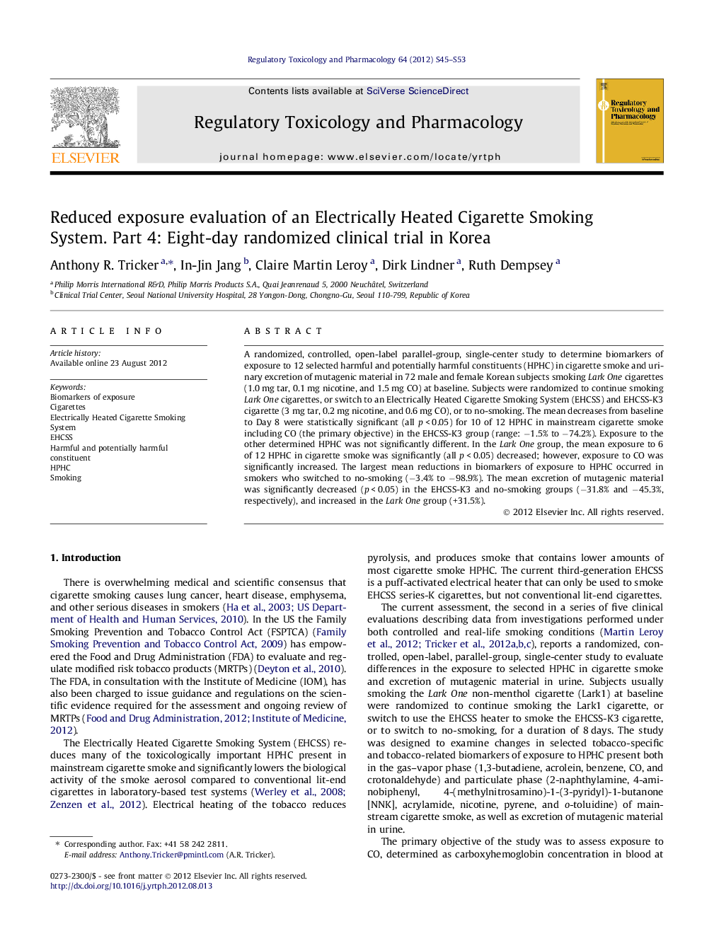 Reduced exposure evaluation of an Electrically Heated Cigarette Smoking System. Part 4: Eight-day randomized clinical trial in Korea