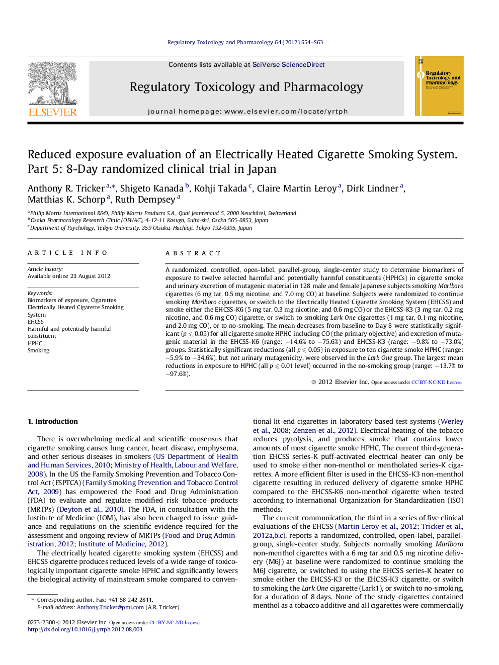 Reduced exposure evaluation of an Electrically Heated Cigarette Smoking System. Part 5: 8-Day randomized clinical trial in Japan