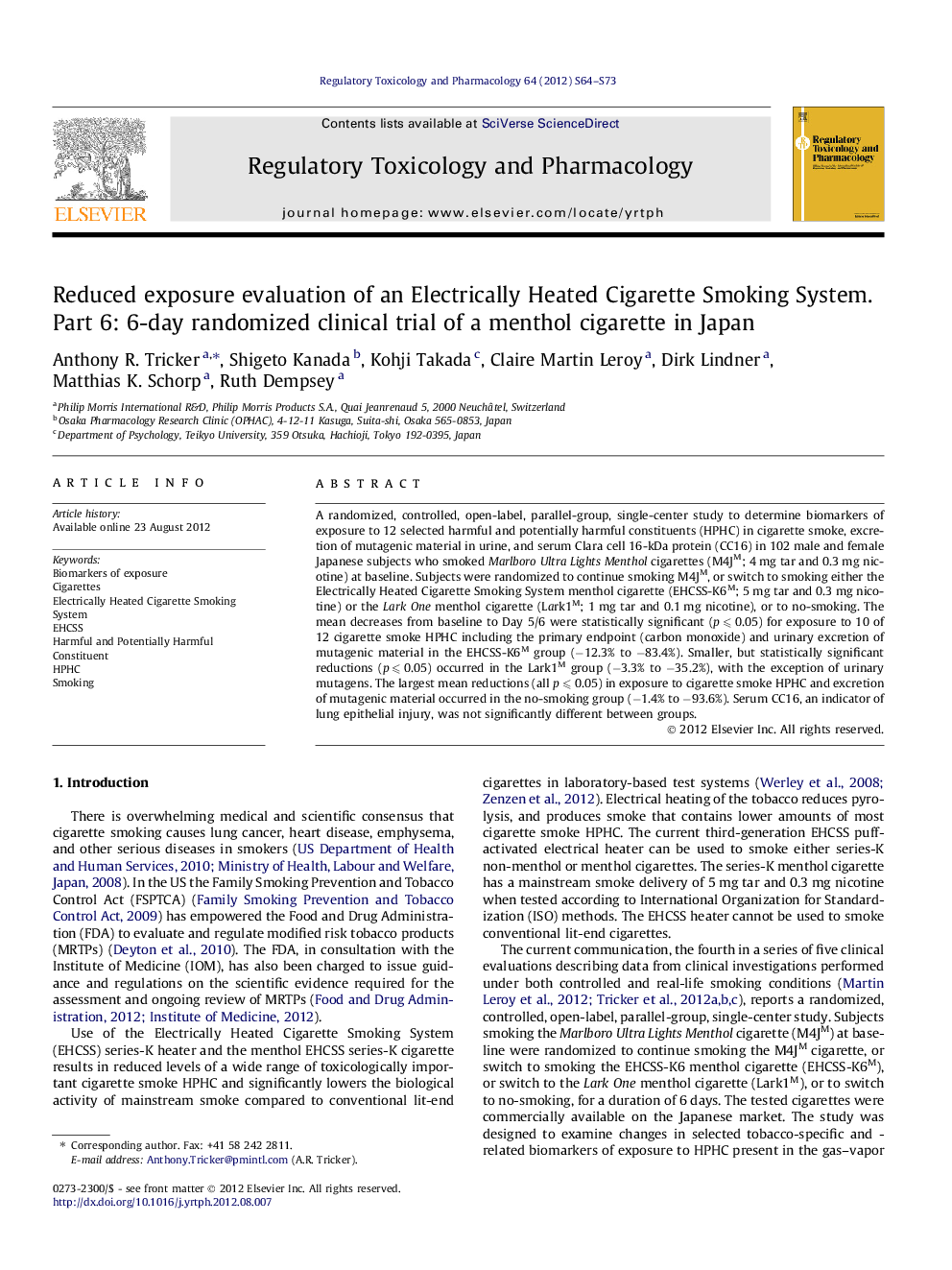 Reduced exposure evaluation of an Electrically Heated Cigarette Smoking System. Part 6: 6-day randomized clinical trial of a menthol cigarette in Japan