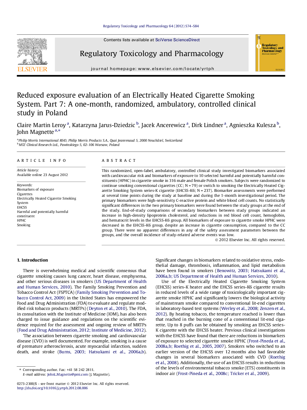 Reduced exposure evaluation of an Electrically Heated Cigarette Smoking System. Part 7: A one-month, randomized, ambulatory, controlled clinical study in Poland