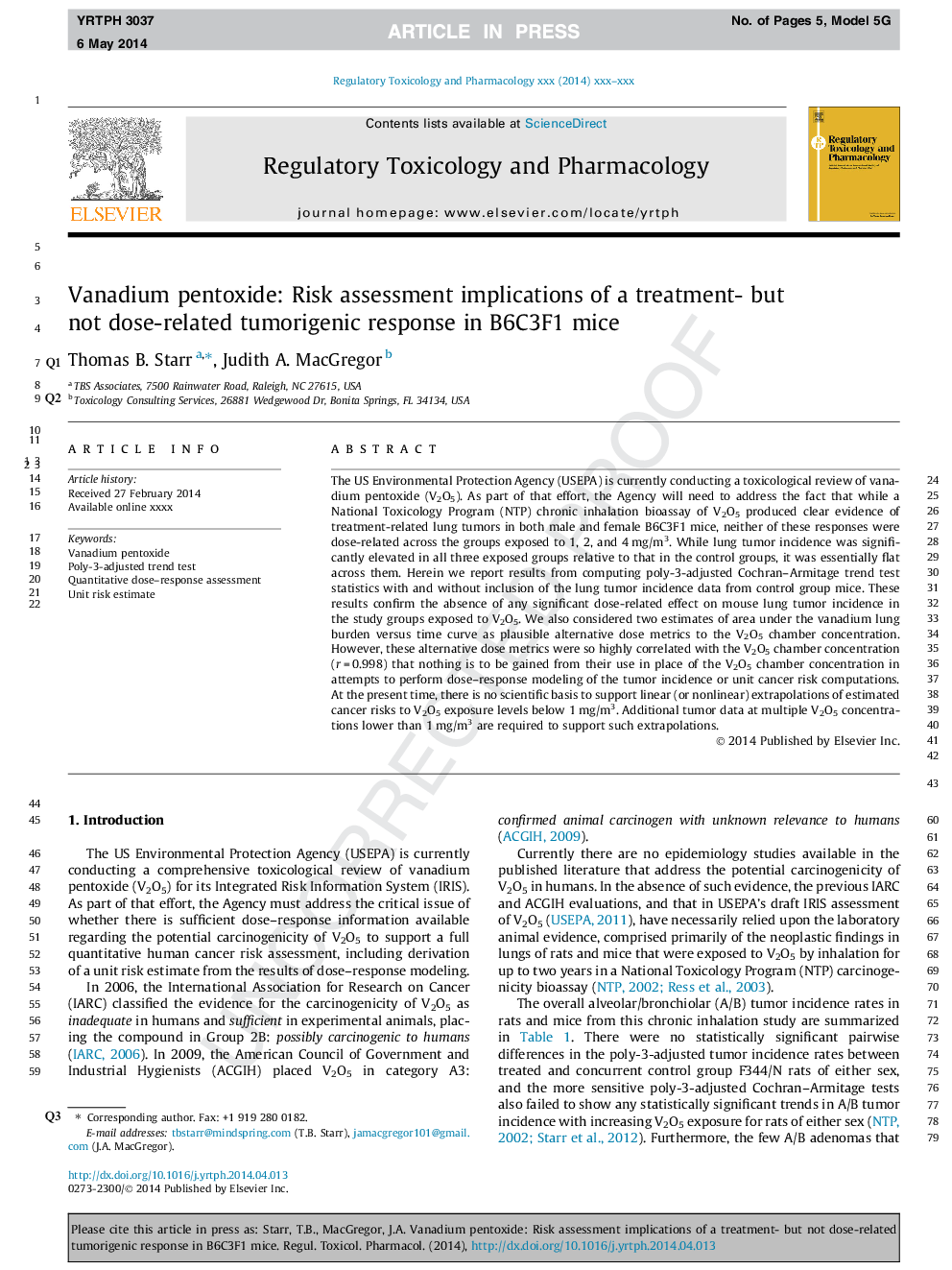 Vanadium pentoxide: Risk assessment implications of a treatment- but not dose-related tumorigenic response in B6C3F1 mice