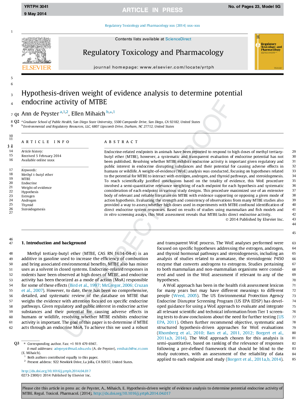 Hypothesis-driven weight of evidence analysis to determine potential endocrine activity of MTBE