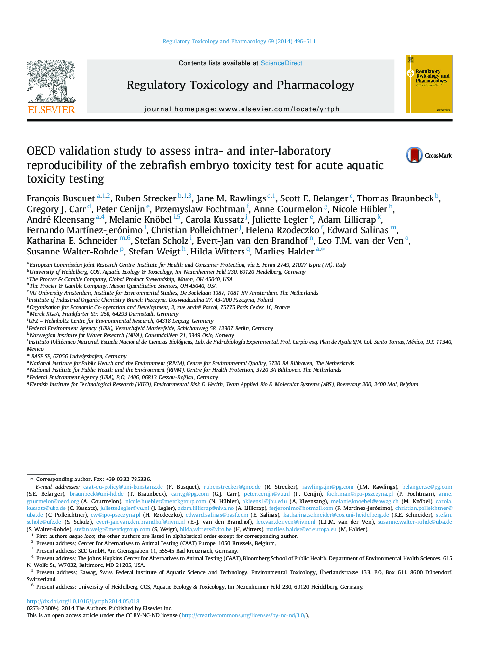 OECD validation study to assess intra- and inter-laboratory reproducibility of the zebrafish embryo toxicity test for acute aquatic toxicity testing