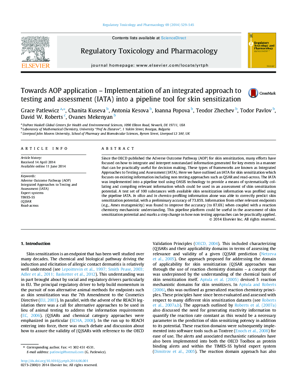 Towards AOP application - Implementation of an integrated approach to testing and assessment (IATA) into a pipeline tool for skin sensitization