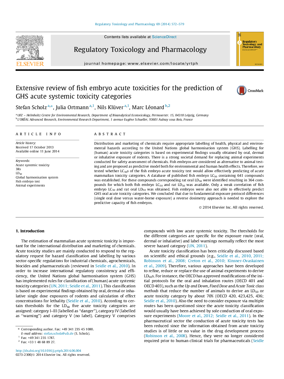 Extensive review of fish embryo acute toxicities for the prediction of GHS acute systemic toxicity categories