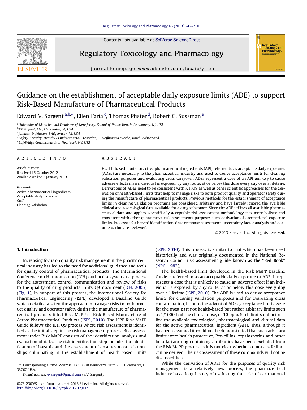 Guidance on the establishment of acceptable daily exposure limits (ADE) to support Risk-Based Manufacture of Pharmaceutical Products