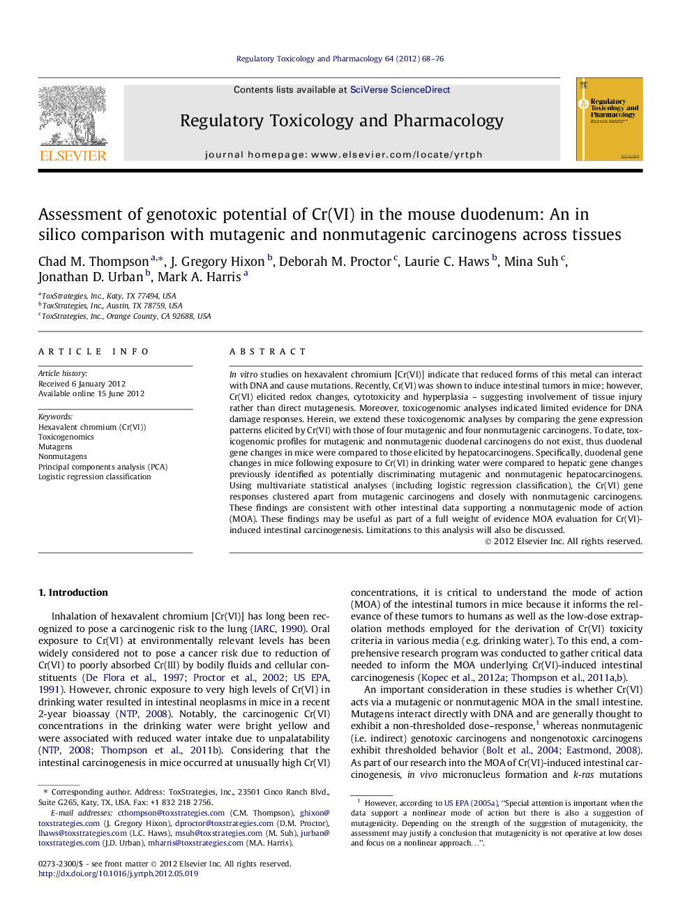 Assessment of genotoxic potential of Cr(VI) in the mouse duodenum: An in silico comparison with mutagenic and nonmutagenic carcinogens across tissues