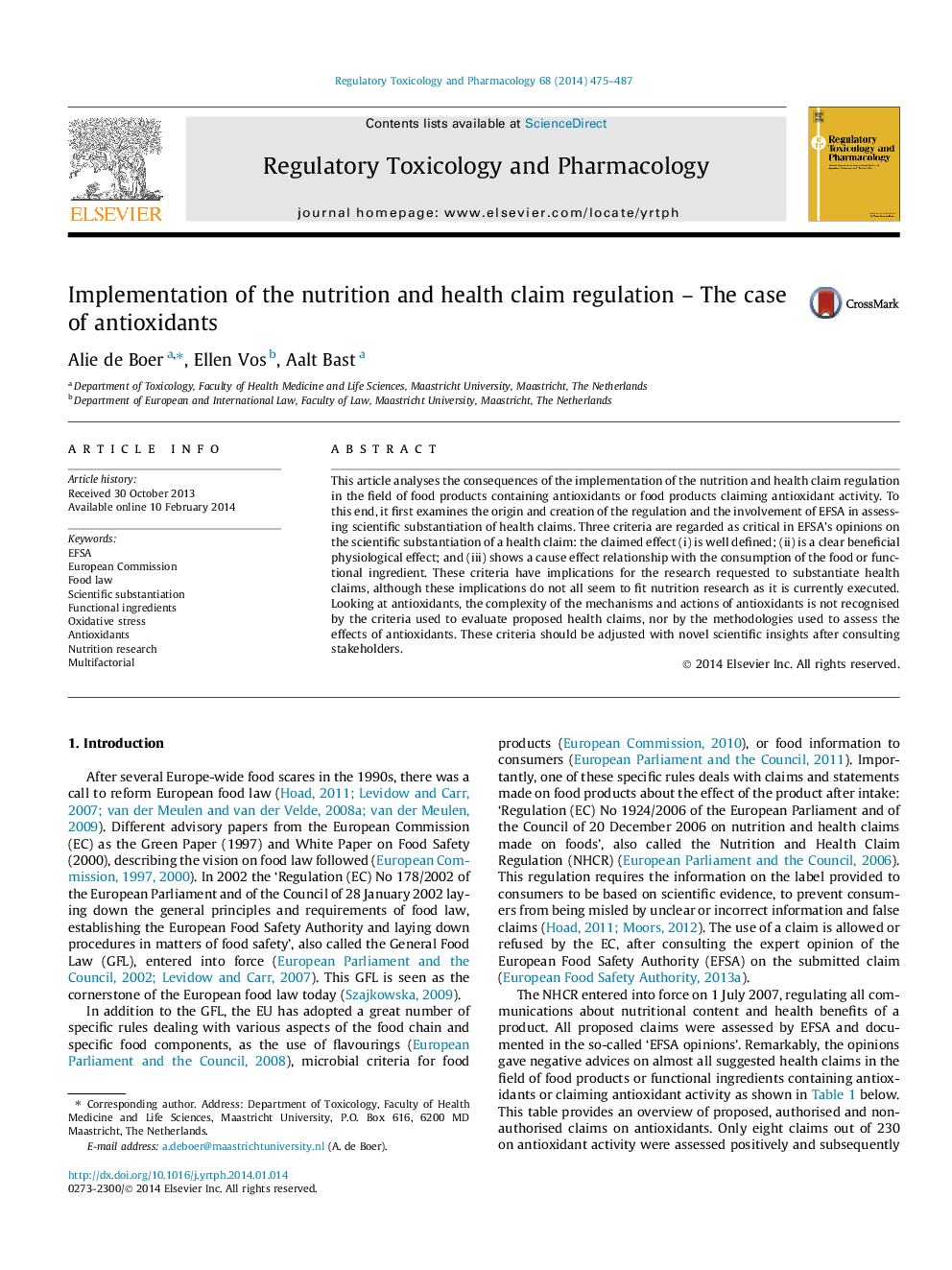 Implementation of the nutrition and health claim regulation - The case of antioxidants