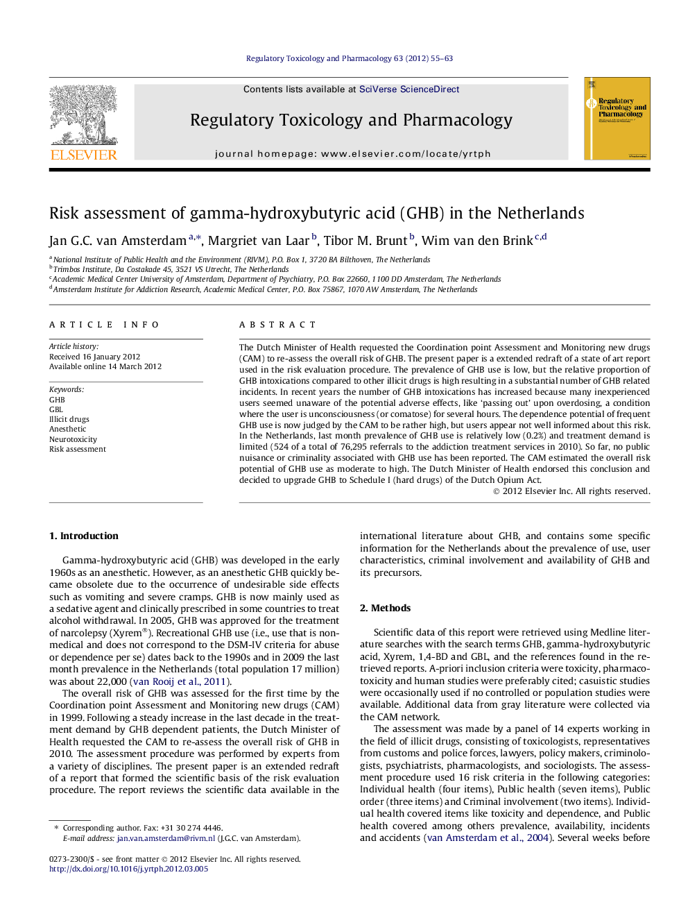 عکس صفحه اول مقاله: Risk assessment of gamma-hydroxybutyric acid (GHB) in the Netherlands Risk assessment of gamma-hydroxybutyric acid (GHB) in the Netherlands