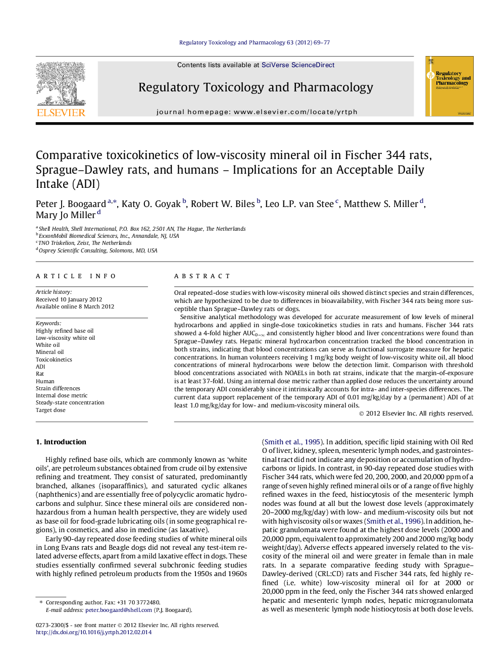 Comparative toxicokinetics of low-viscosity mineral oil in Fischer 344 rats, Sprague-Dawley rats, and humans - Implications for an Acceptable Daily Intake (ADI)