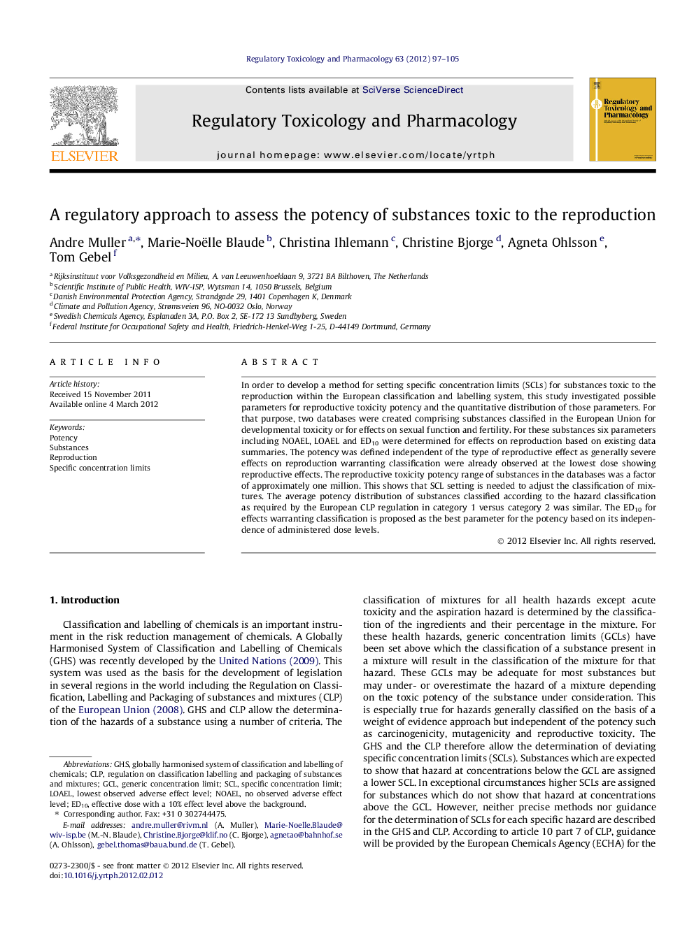 A regulatory approach to assess the potency of substances toxic to the reproduction