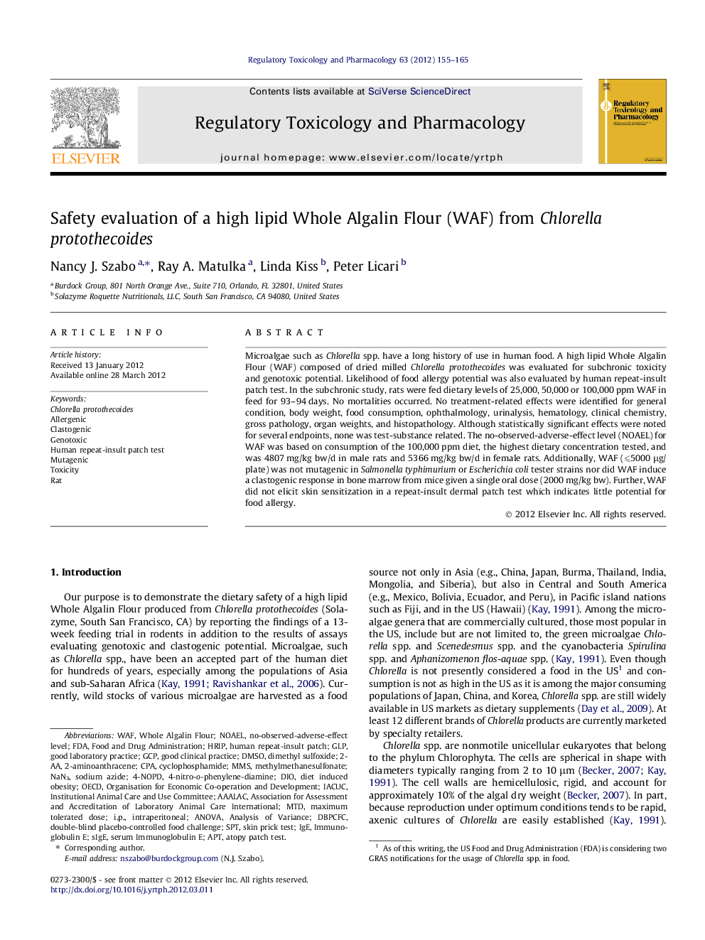 Safety evaluation of a high lipid Whole Algalin Flour (WAF) from Chlorella protothecoides