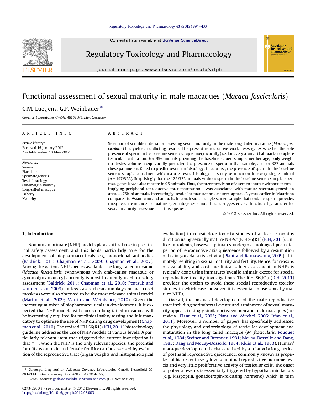 Functional assessment of sexual maturity in male macaques (Macaca fascicularis)