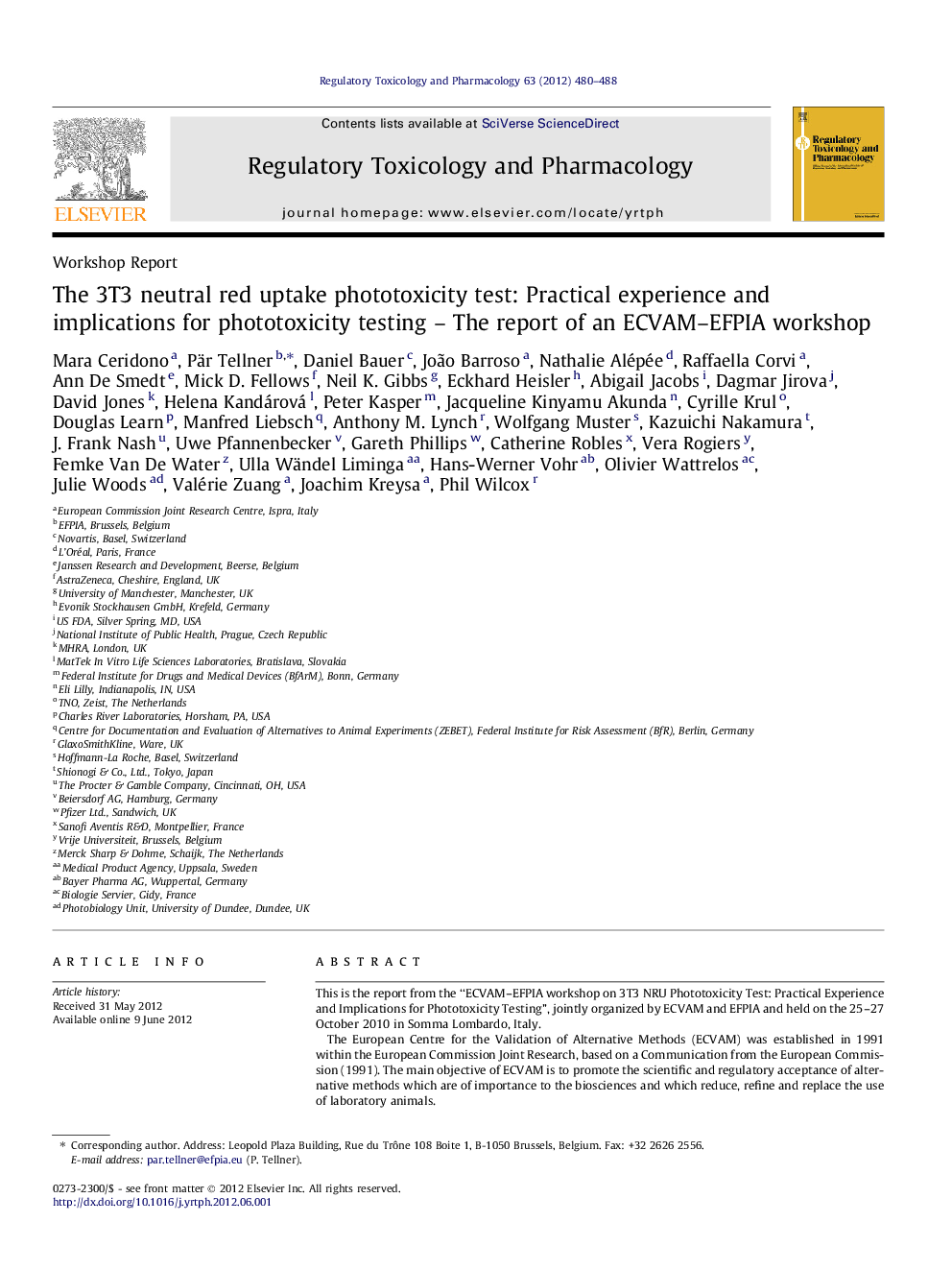 The 3T3 neutral red uptake phototoxicity test: Practical experience and implications for phototoxicity testing - The report of an ECVAM-EFPIA workshop