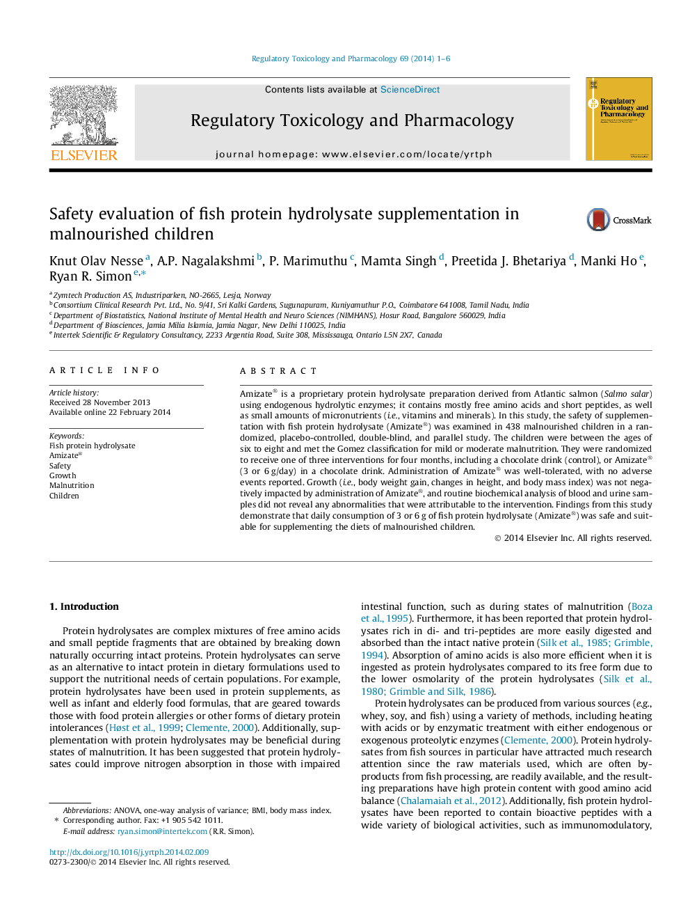 Safety evaluation of fish protein hydrolysate supplementation in malnourished children