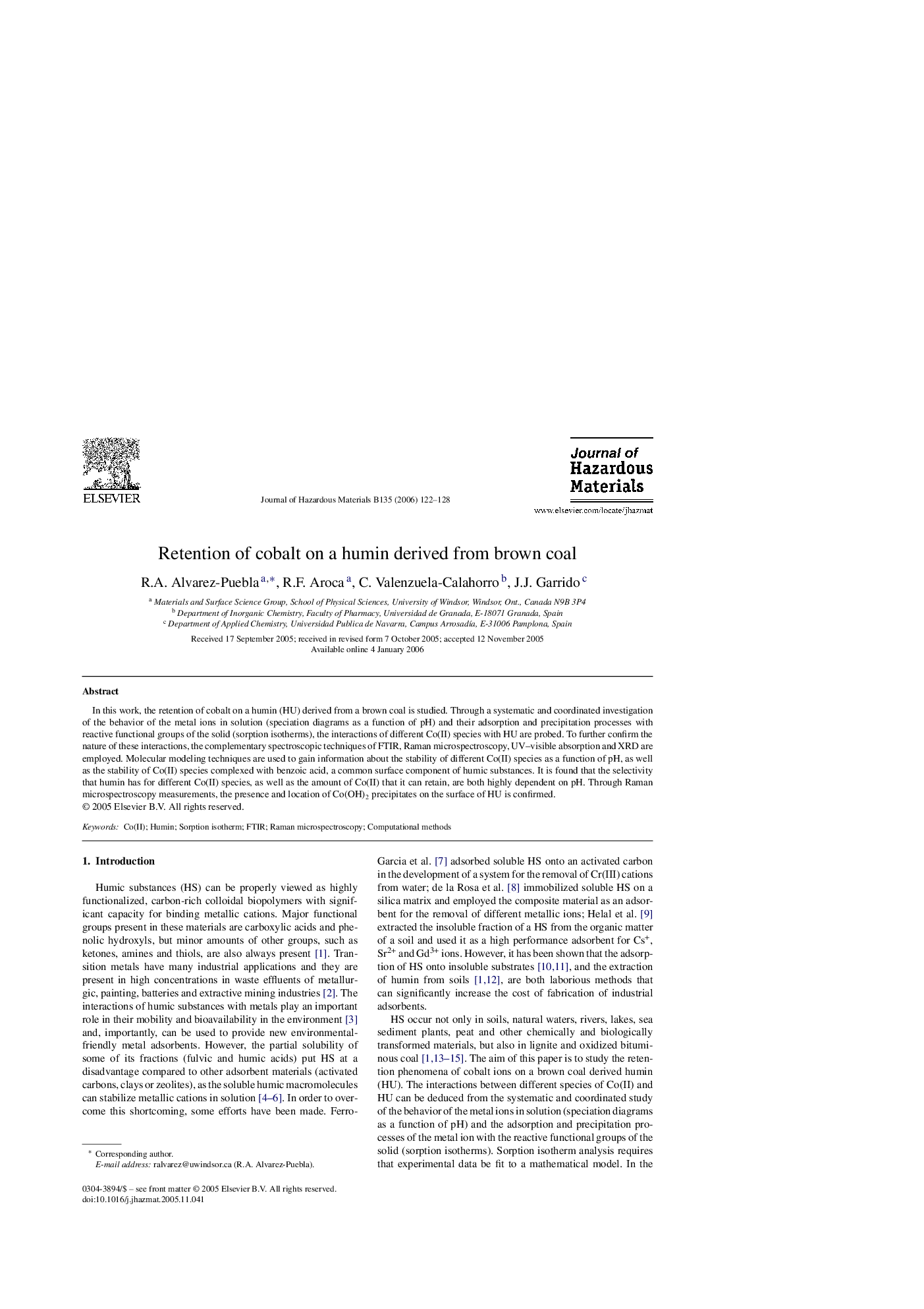 Retention of cobalt on a humin derived from brown coal