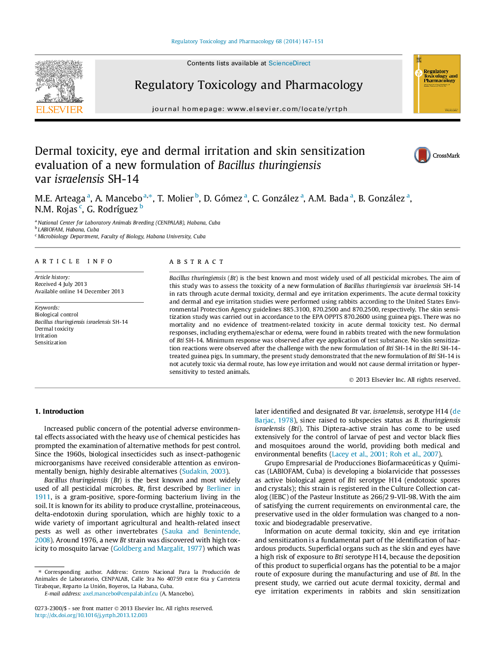 Dermal toxicity, eye and dermal irritation and skin sensitization evaluation of a new formulation of Bacillus thuringiensis var israelensis SH-14