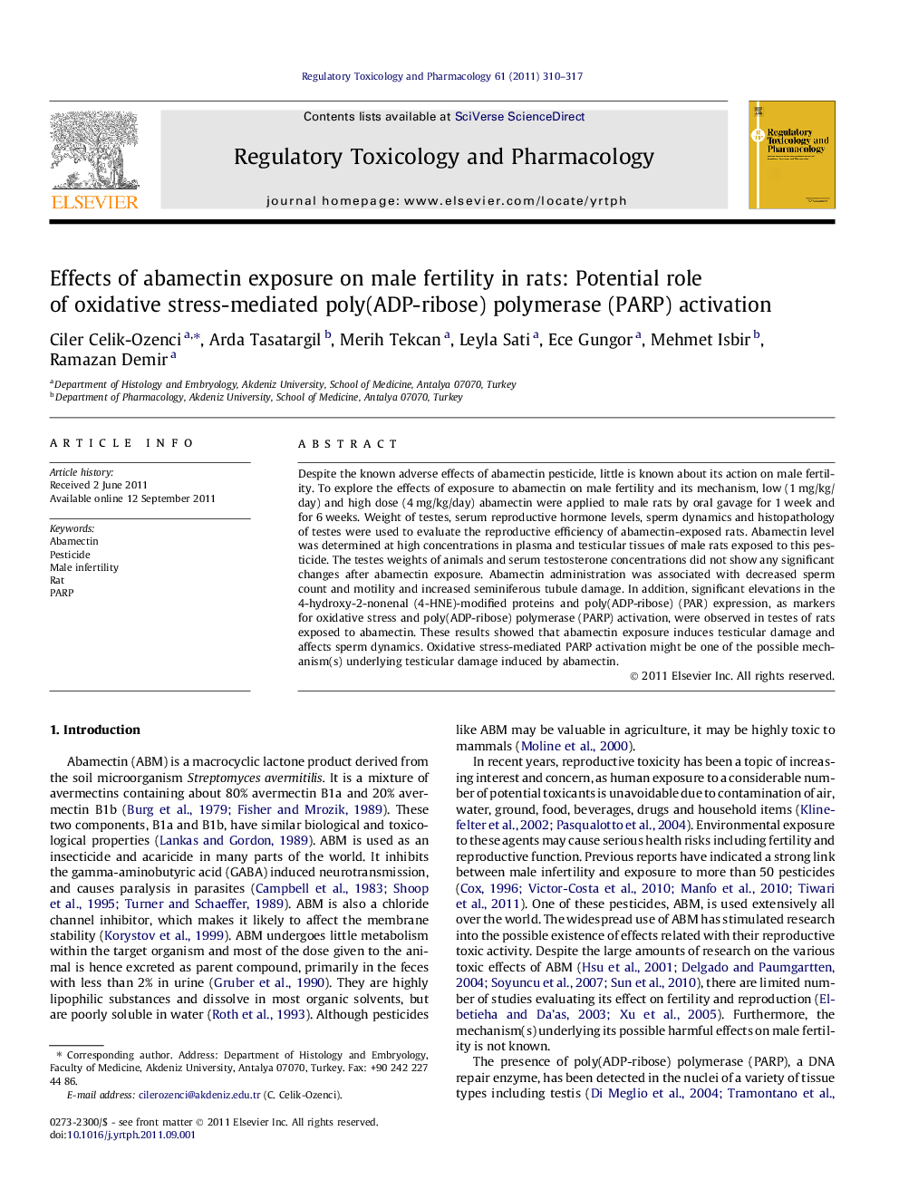 Effects of abamectin exposure on male fertility in rats: Potential role of oxidative stress-mediated poly(ADP-ribose) polymerase (PARP) activation