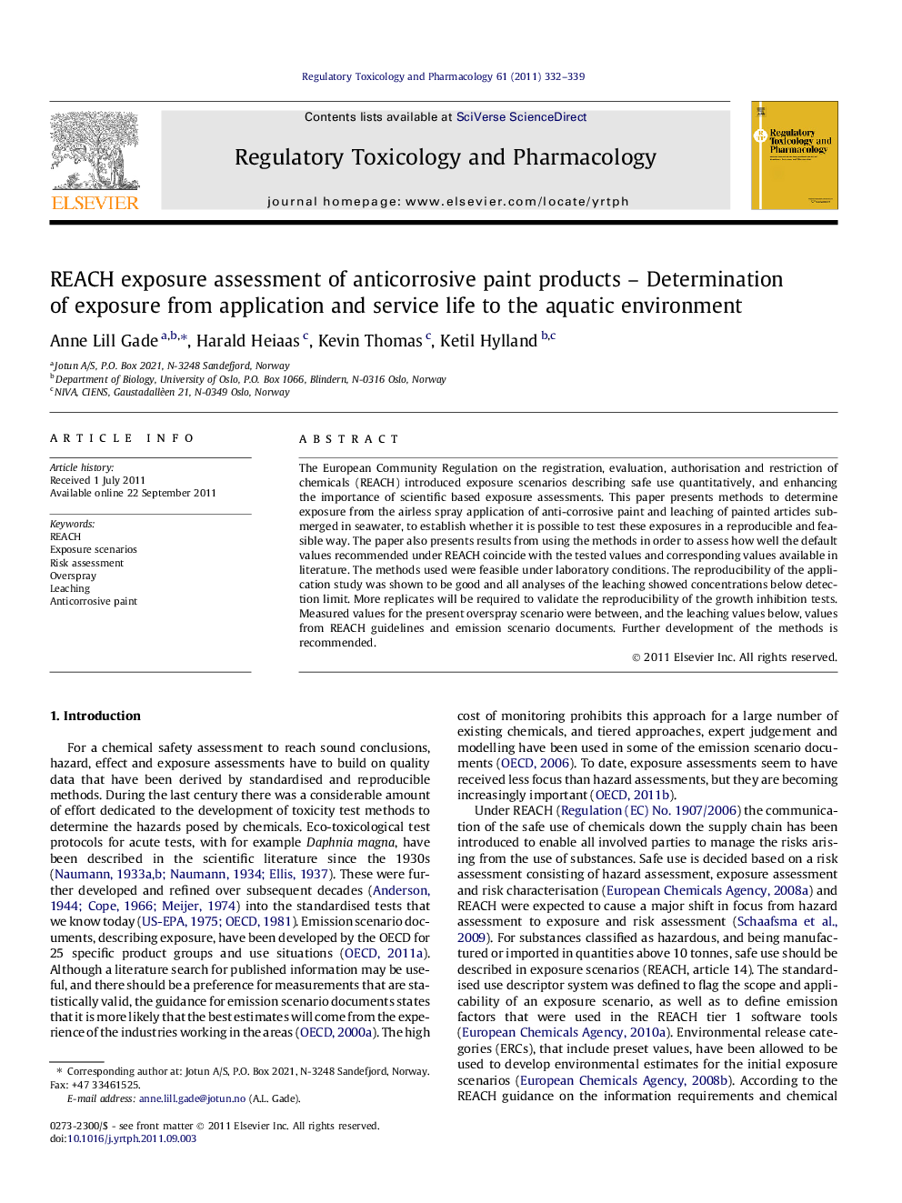 REACH exposure assessment of anticorrosive paint products - Determination of exposure from application and service life to the aquatic environment