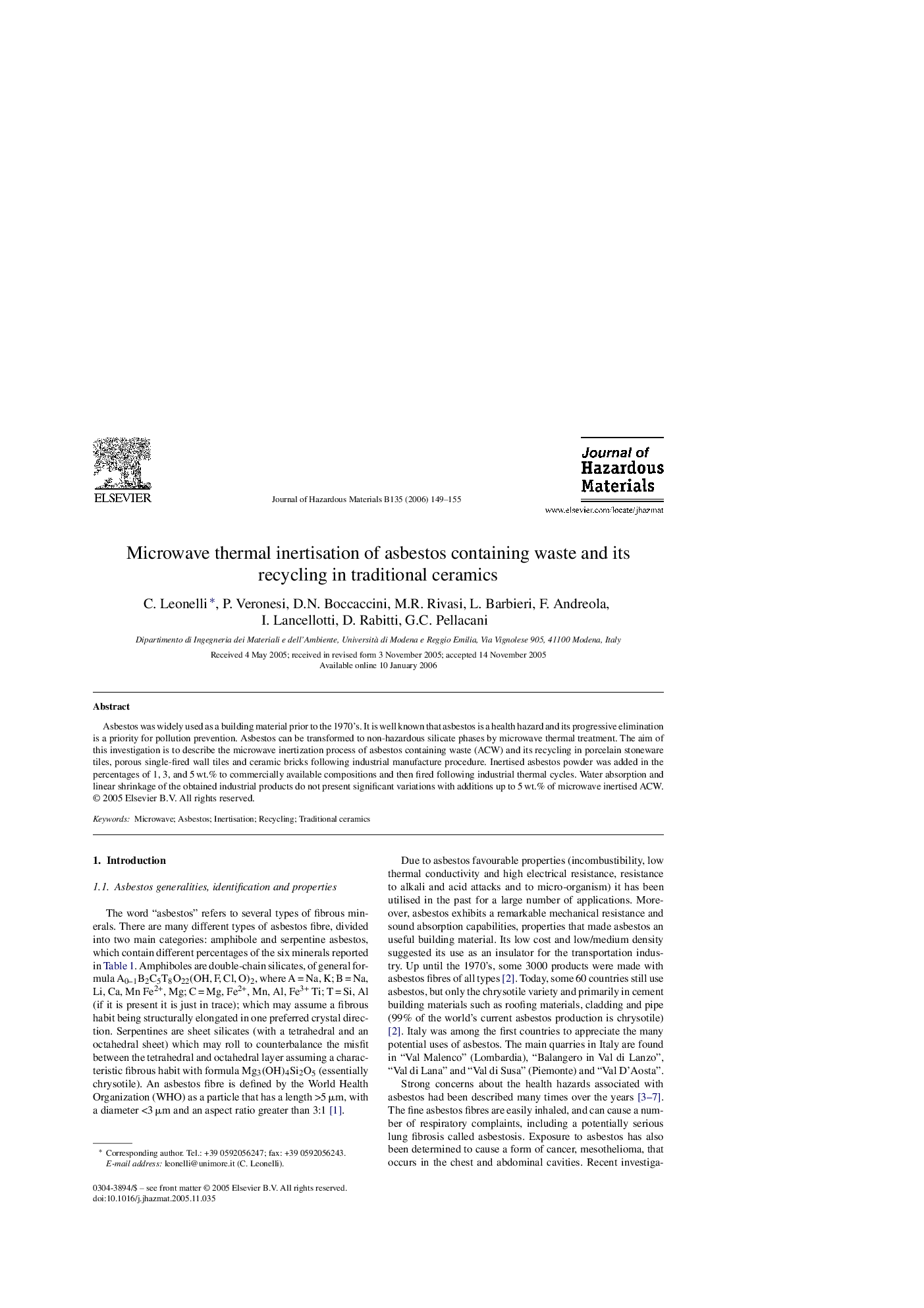 Microwave thermal inertisation of asbestos containing waste and its recycling in traditional ceramics