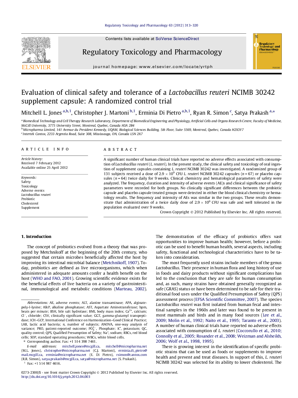 Evaluation of clinical safety and tolerance of a Lactobacillus reuteri NCIMB 30242 supplement capsule: A randomized control trial