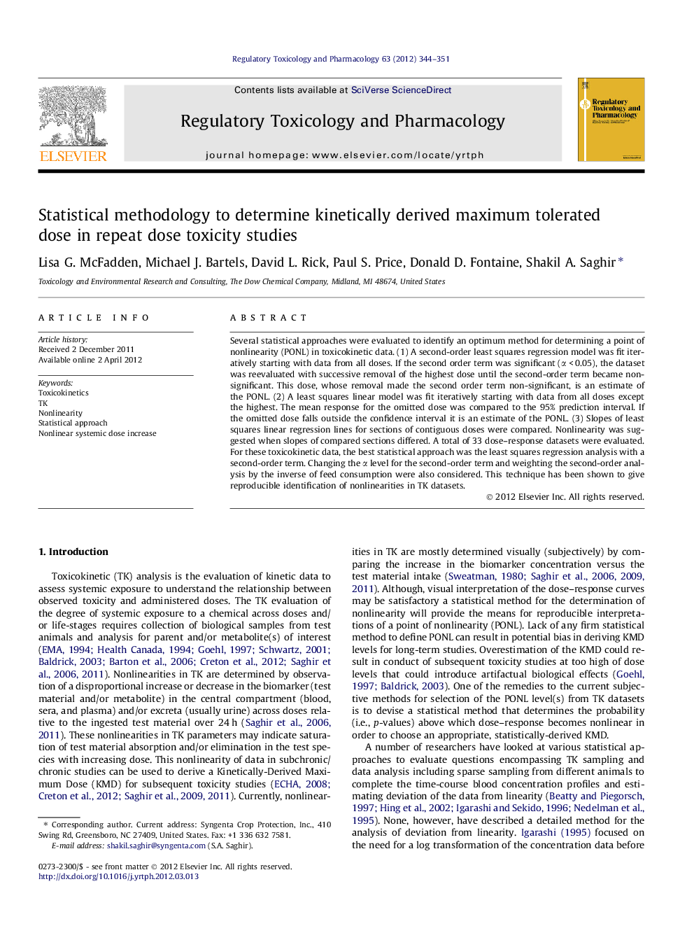 Statistical methodology to determine kinetically derived maximum tolerated dose in repeat dose toxicity studies