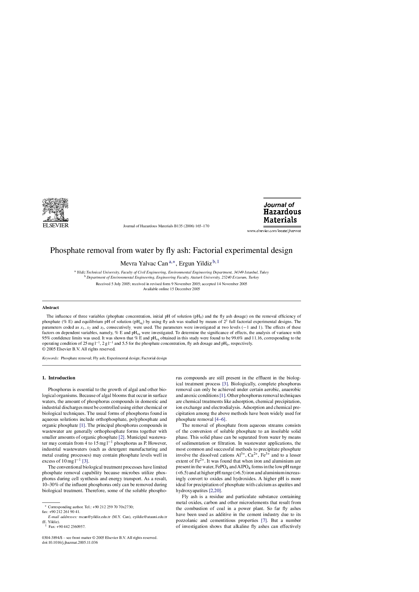 Phosphate removal from water by fly ash: Factorial experimental design