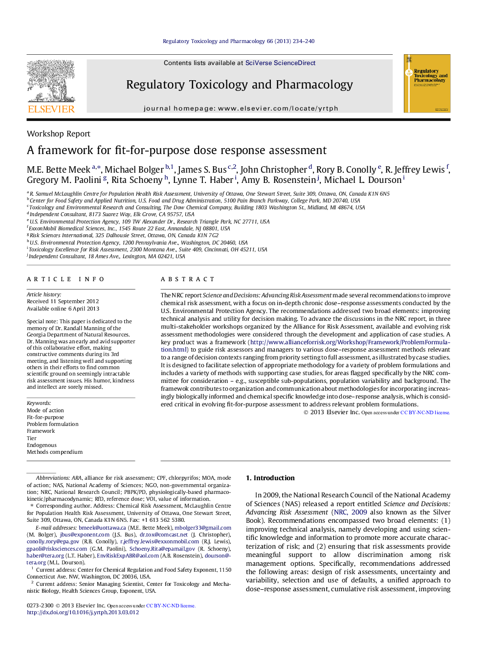 Workshop ReportA framework for fit-for-purpose dose response assessment