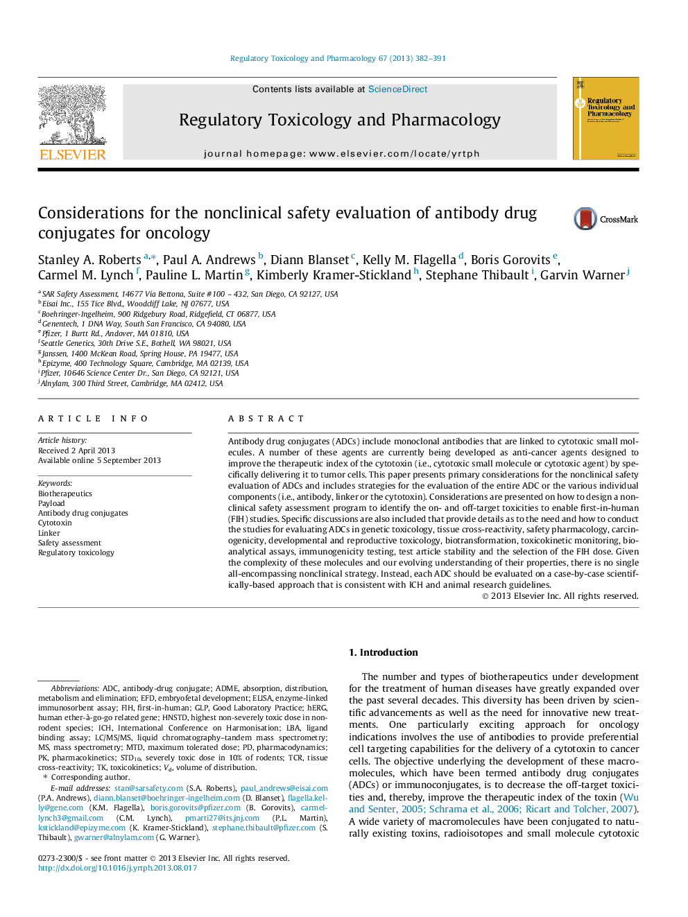 Considerations for the nonclinical safety evaluation of antibody drug conjugates for oncology