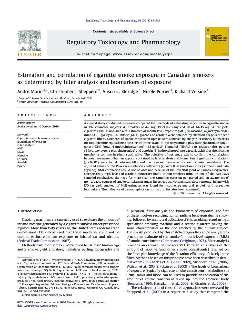 Estimation and correlation of cigarette smoke exposure in Canadian smokers as determined by filter analysis and biomarkers of exposure