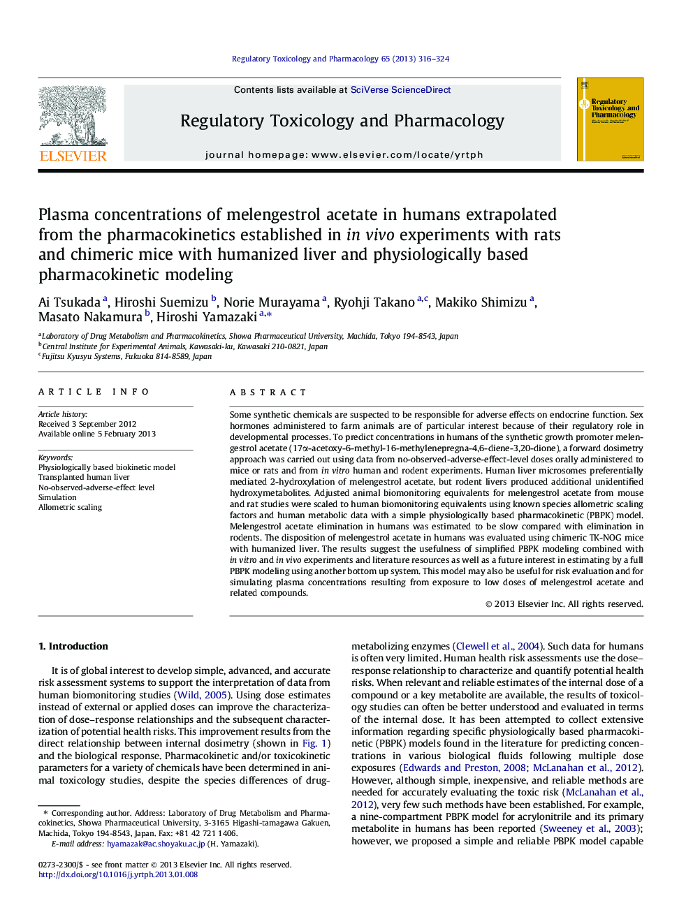 Plasma concentrations of melengestrol acetate in humans extrapolated from the pharmacokinetics established in in vivo experiments with rats and chimeric mice with humanized liver and physiologically based pharmacokinetic modeling