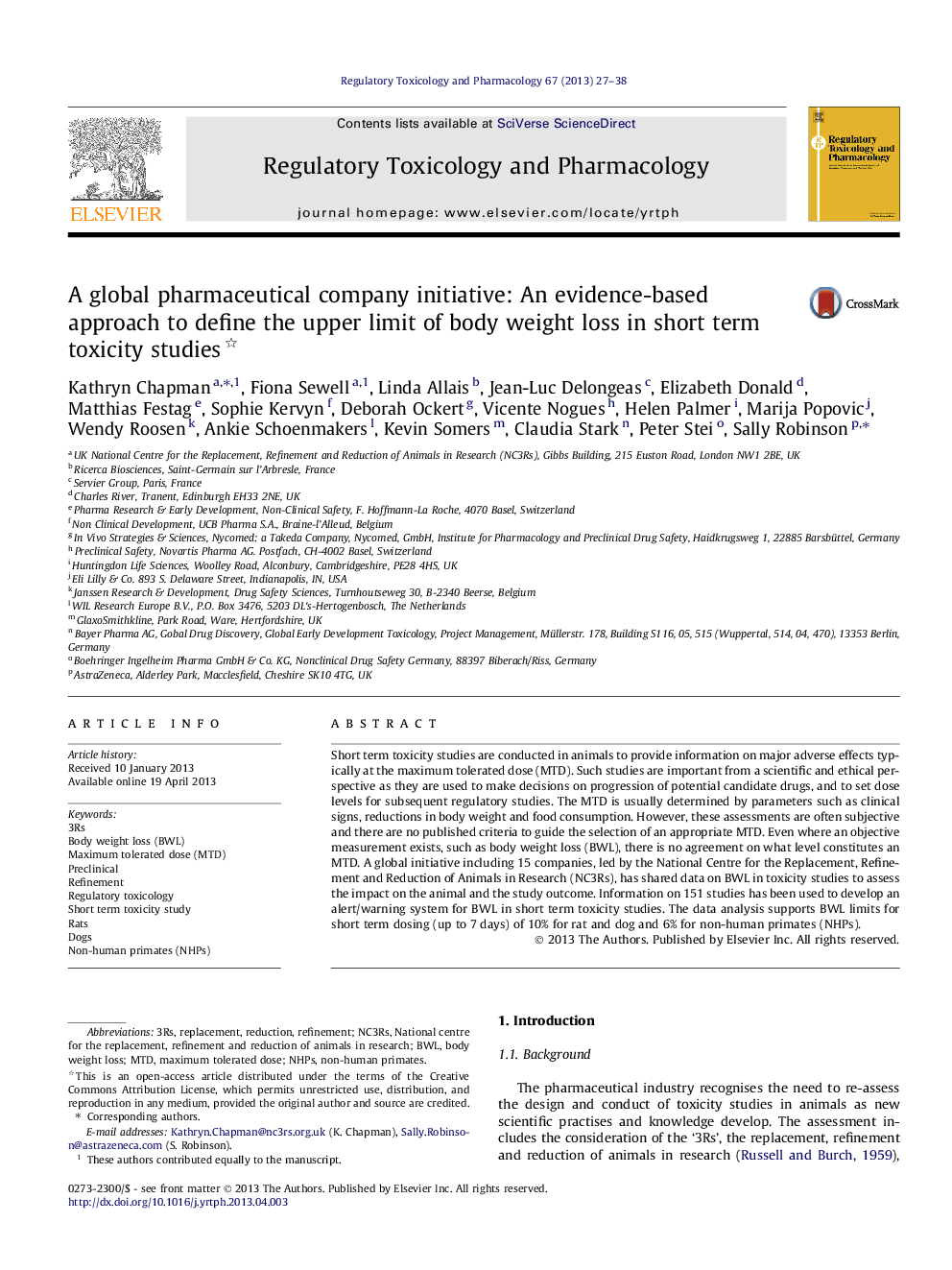 A global pharmaceutical company initiative: An evidence-based approach to define the upper limit of body weight loss in short term toxicity studies