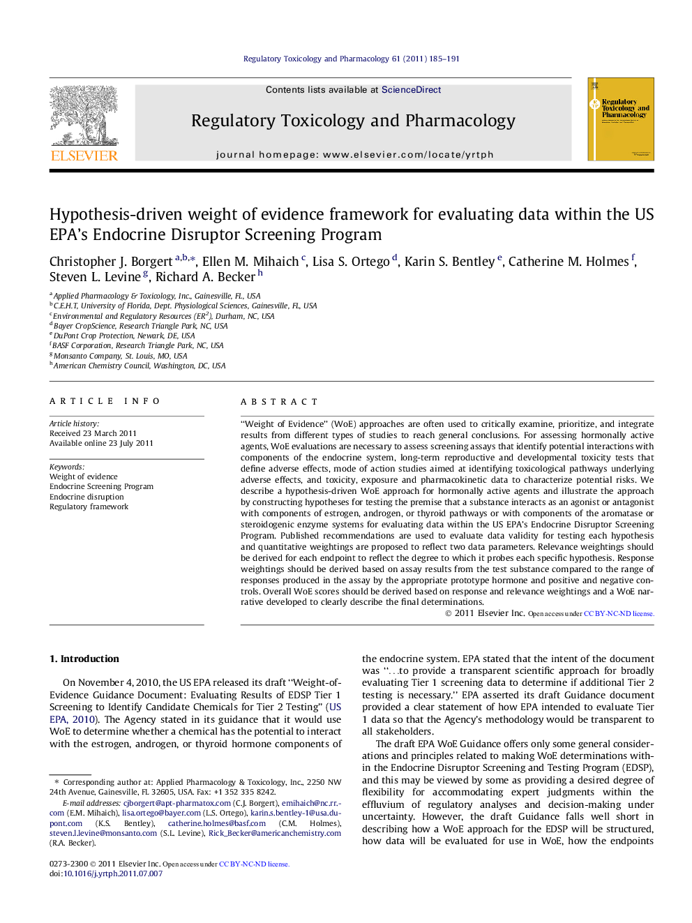 Hypothesis-driven weight of evidence framework for evaluating data within the US EPA's Endocrine Disruptor Screening Program