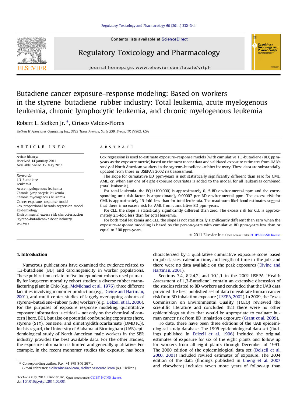 Butadiene cancer exposure-response modeling: Based on workers in the styrene-butadiene-rubber industry: Total leukemia, acute myelogenous leukemia, chronic lymphocytic leukemia, and chronic myelogenous leukemia