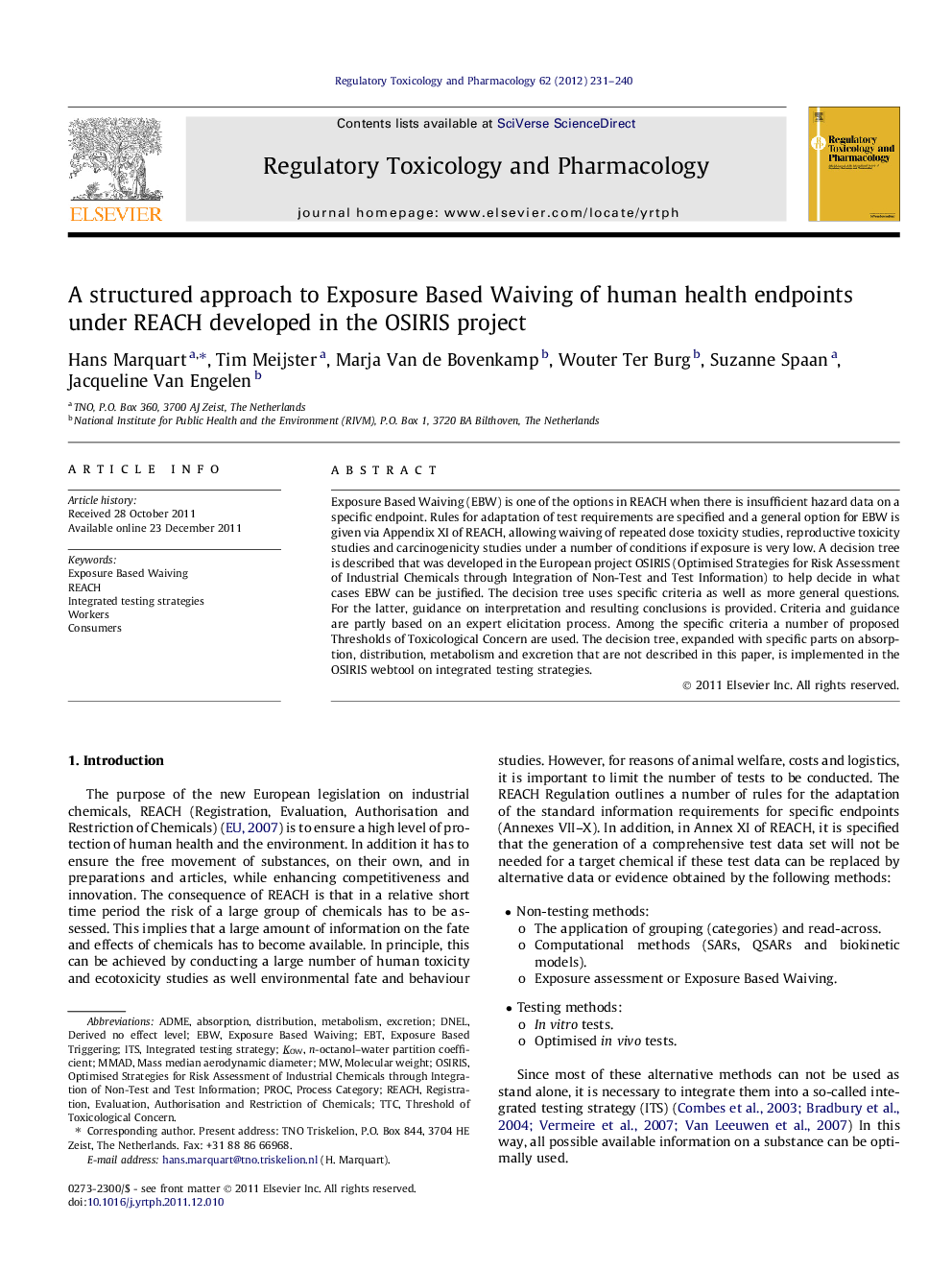 A structured approach to Exposure Based Waiving of human health endpoints under REACH developed in the OSIRIS project