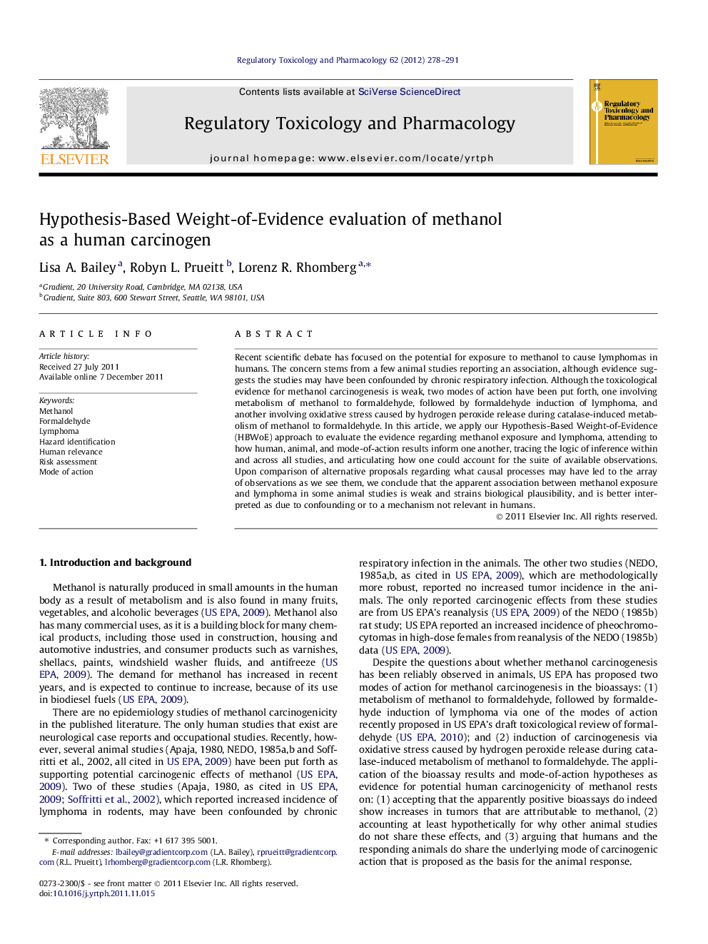 Hypothesis-Based Weight-of-Evidence evaluation of methanol as a human carcinogen