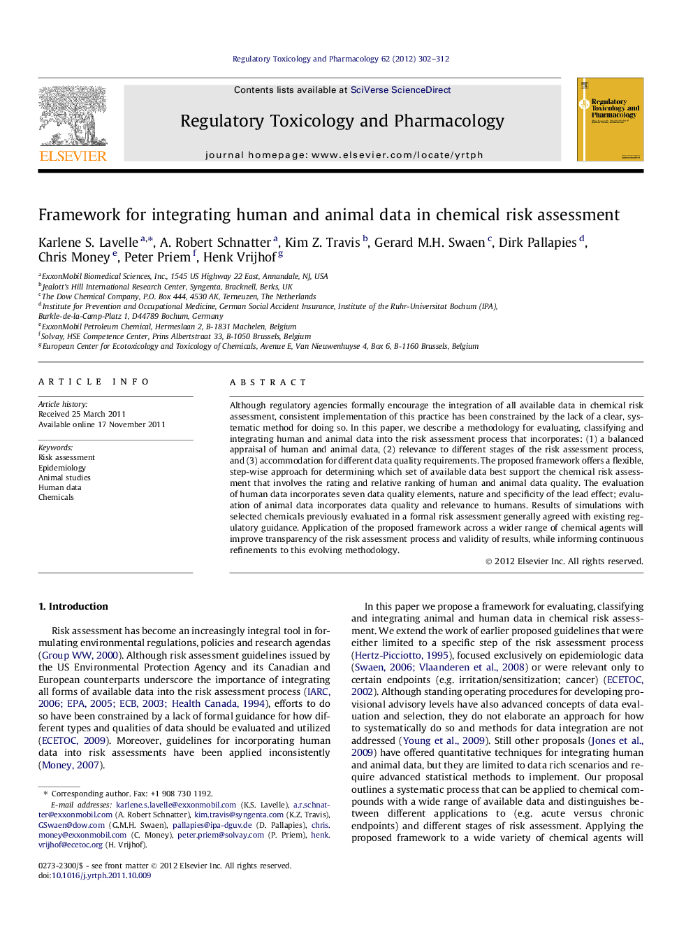 Framework for integrating human and animal data in chemical risk assessment