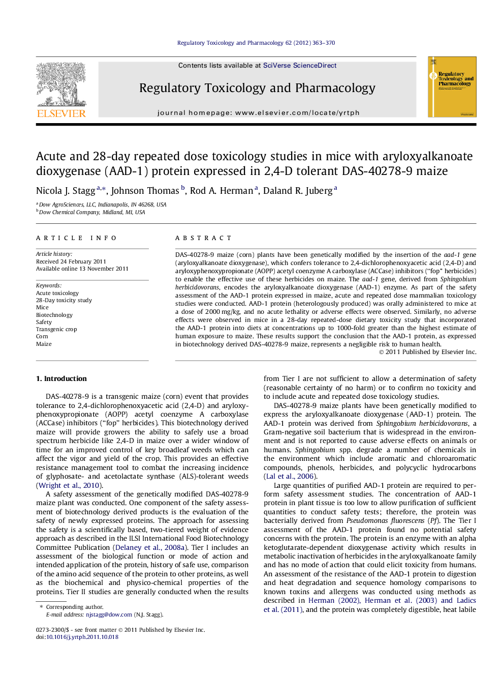 Acute and 28-day repeated dose toxicology studies in mice with aryloxyalkanoate dioxygenase (AAD-1) protein expressed in 2,4-D tolerant DAS-40278-9 maize