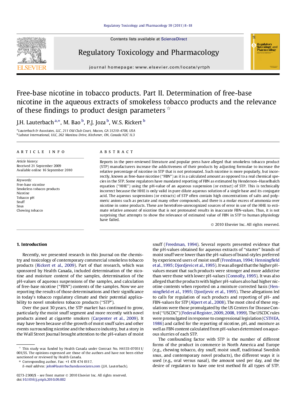 Free-base nicotine in tobacco products. Part II. Determination of free-base nicotine in the aqueous extracts of smokeless tobacco products and the relevance of these findings to product design parameters